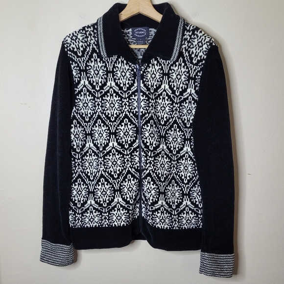 Vintage Chenille Cardigan Sweater L Fair Isle Full Zip Preppy Designers Original - Picture 2 of 7
